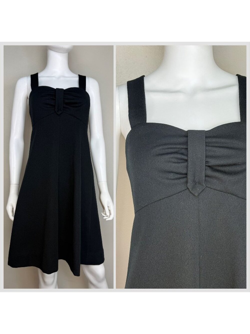 Vintage 1970s Black Double Knit Sleeveless Mini Dress, Handmade Size S/M